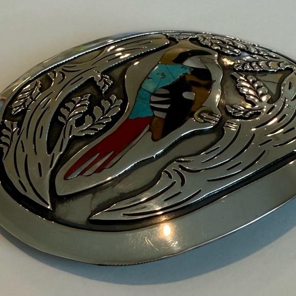 Tony Sanchez Handmade 1970s Belt Buckle — Bird Inlay, Turquoise & Coral - Picture 2 of 6